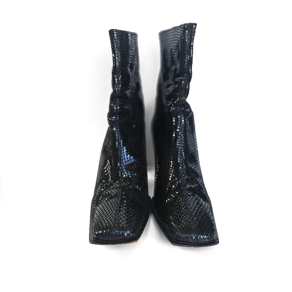 Stuart Weitzman Black Snake Embossed Leather Square Toe Block Heel Boots 8.5 AA - Picture 5 of 9